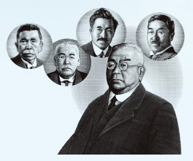 中央：北里柴三郎、左から秦佐八郎、梅野信吉、野口英世、志賀潔
