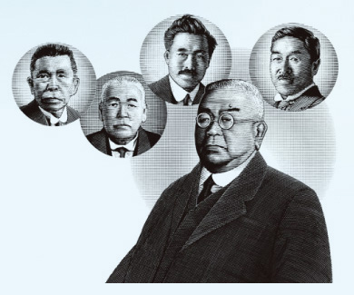 中央:北里柴三郎、左から秦佐八郎、梅野信吉、野口英世、志賀潔