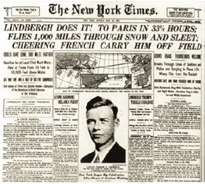 リンドバーグの無着陸大西洋横断飛行の成功を報じる新聞